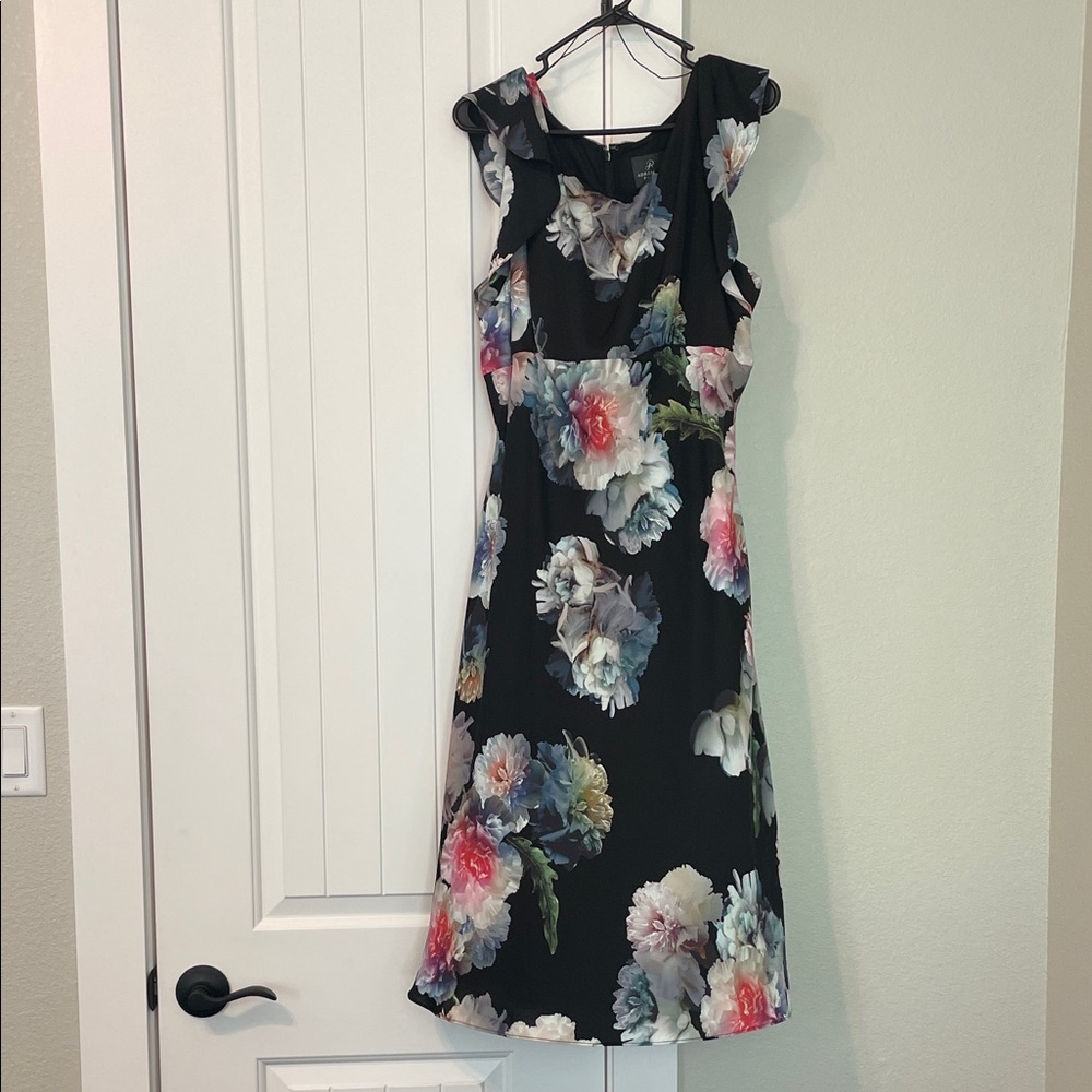 Adrianna Papell Black and Pink Floral Midi Dress